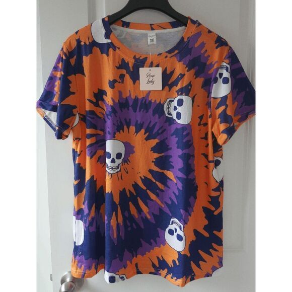 Tops - Women's Skull Print Tie-die Orange & Purple T-Shirt Size L